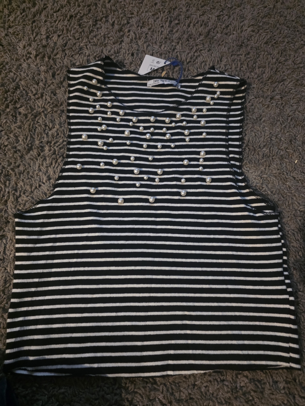 Zara Black and White Striped Pearl-Embellished Sleeveless Tank